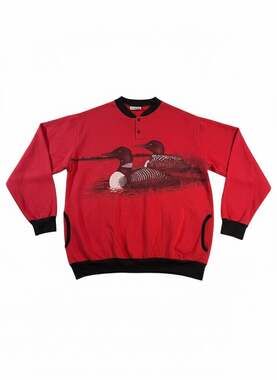 Vintage Loon Sweatshirt Mens XL Red Made USA Wildlife Lake Cabin 90s